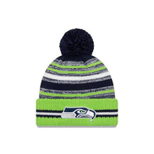 Load image into Gallery viewer, Seattle Seahawks New Era NFL 2021 Sideline Sport Official Pom Cuffed Knit Beanie Green/Navy Team Color