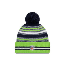 Load image into Gallery viewer, Seattle Seahawks New Era NFL 2021 Sideline Sport Official Pom Cuffed Knit Beanie Green/Navy Team Color