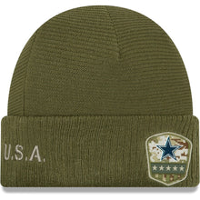 Load image into Gallery viewer, Dallas Cowboys New Era NFL 2019 Salute To Service Cuffed Knit Beanie Hat Olive Green Crown/Visor Team Color Logo