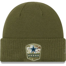 Load image into Gallery viewer, Dallas Cowboys New Era NFL 2019 Salute To Service Cuffed Knit Beanie Hat Olive Green Crown/Visor Team Color Logo
