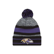 Load image into Gallery viewer, Baltimore Ravens New Era NFL Cuffed Pom Knit Hat Purple/Black Crown Team Color Logo