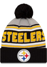 Load image into Gallery viewer, Pittsburgh Steelers New Era NFL Cuffed Pom Knit Hat Gray/Black Crown/Visor Team Color Logo (Knit Cheer)