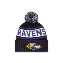 Load image into Gallery viewer, Baltimore Ravens New Era NFL Cuffed Pom Knit Black/Purple/White Team Color Logo