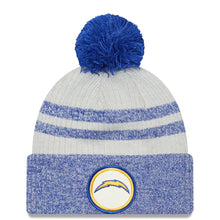 Load image into Gallery viewer, Los Angeles Chargers New Era NFL Cuffed Pom Knit Beanie Cream/Sky Blue Crown/Visor Team Color Logo (2022 Sideline)