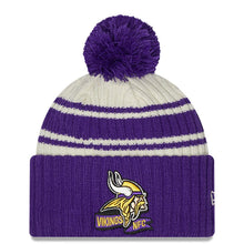 Load image into Gallery viewer, Minnesota Vikings New Era NFL Cuffed Pom Knit Beanie Hat Cream/Purple Crown/Visor Team Color Logo (2022 Sideline)