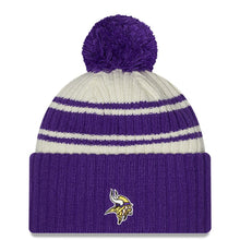 Load image into Gallery viewer, Minnesota Vikings New Era NFL Cuffed Pom Knit Beanie Hat Cream/Purple Crown/Visor Team Color Logo (2022 Sideline)