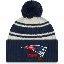 Load image into Gallery viewer, New England Patriots New Era NFL Cuffed Pom Knit Beanie Hat Cream/Navy Blue Crown/Visor Team Color Logo (2022 Sideline)
