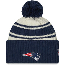 Load image into Gallery viewer, New England Patriots New Era NFL Cuffed Pom Knit Beanie Hat Cream/Navy Blue Crown/Visor Team Color Logo (2022 Sideline)