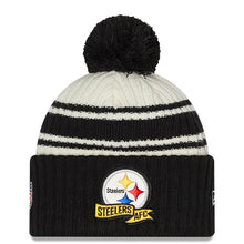 Load image into Gallery viewer, Pittsburgh Steelers New Era NFL Cuffed Pom Knit Beanie Hat Cream/Black Crown/Visor Team Color Logo (2022 Sideline)