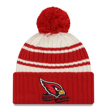 Load image into Gallery viewer, Arizona Cardinals New Era NFL Cuffed Pom Knit Beanie Hat Cream/Red Crown/Visor Team Color Logo (2022 Sideline)