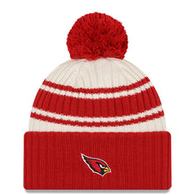 Load image into Gallery viewer, Arizona Cardinals New Era NFL Cuffed Pom Knit Beanie Hat Cream/Red Crown/Visor Team Color Logo (2022 Sideline)