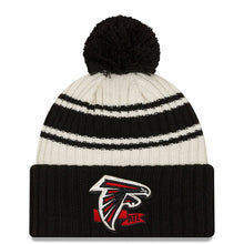 Load image into Gallery viewer, Atlanta Falcons New Era NFL Cuffed Pom Knit Beanie Hat Cream/Black Crown/Visor Team Color Logo (2022 Sideline)