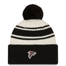 Load image into Gallery viewer, Atlanta Falcons New Era NFL Cuffed Pom Knit Beanie Hat Cream/Black Crown/Visor Team Color Logo (2022 Sideline)