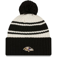 Load image into Gallery viewer, Baltimore Ravens New Era NFL Cuffed Pom Knit Beanie Hat Cream/Black Crown/Visor Team Color Logo (2022 Sideline)