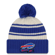 Load image into Gallery viewer, Buffalo Bills New Era NFL Cuffed Pom Knit Beanie Hat Cream/Royal Blue Crown/Visor Team Color Logo (2022 Sideline)