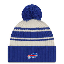 Load image into Gallery viewer, Buffalo Bills New Era NFL Cuffed Pom Knit Beanie Hat Cream/Royal Blue Crown/Visor Team Color Logo (2022 Sideline)