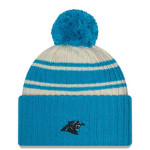 Load image into Gallery viewer, Carolina Panthers New Era NFL Cuffed Pom Knit Beanie Hat Cream/Sky Blue Crown/Visor Team Color Logo (2022 Sideline)