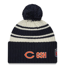 Load image into Gallery viewer, Chicago Bears New Era NFL Cuffed Pom Knit Beanie Hat Cream/Navy Blue Crown/Visor Team Color Logo (2022 Sideline)