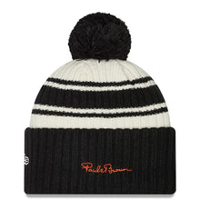 Load image into Gallery viewer, Cincinnati Bengals New Era NFL Cuffed Pom Knit Beanie Hat Cream/Black Crown/Visor Team Color Logo (2022 Sideline)