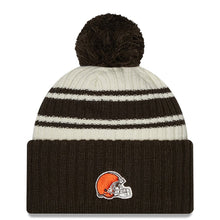 Load image into Gallery viewer, Cleveland Browns New Era NFL Cuffed Pom Knit Beanie Hat Cream/Black Crown/Visor Team Color Logo (2022 Sideline)