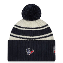 Load image into Gallery viewer, Houston Texans New Era NFL Cuffed Pom Knit Beanie Hat Cream/Navy Blue Crown/Visor Team Color Logo (2022 Sideline)