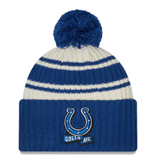 Load image into Gallery viewer, Indianapolis Colts New Era NFL Cuffed Pom Knit Beanie Hat Cream/Royal Blue Crown/Visor Team Color Logo (2022 Sideline)