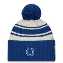 Load image into Gallery viewer, Indianapolis Colts New Era NFL Cuffed Pom Knit Beanie Hat Cream/Royal Blue Crown/Visor Team Color Logo (2022 Sideline)