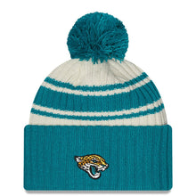 Load image into Gallery viewer, Jacksonville Jaguars New Era NFL Cuffed Pom Knit Beanie Hat Cream/Turquoise Crown/Visor Team Color Logo (2022 Sideline)