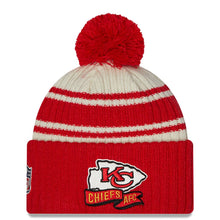 Load image into Gallery viewer, Kansas City Chiefs New Era NFL Cuffed Pom Knit Beanie Hat Cream/Red Crown/Visor Team Color Logo (2022 Sideline)