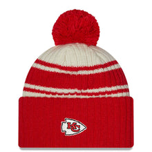 Load image into Gallery viewer, Kansas City Chiefs New Era NFL Cuffed Pom Knit Beanie Hat Cream/Red Crown/Visor Team Color Logo (2022 Sideline)