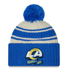 Load image into Gallery viewer, Los Angeles Rams New Era NFL Cuffed Pom Knit Beanie Hat Cream/Royal Blue Crown/Visor Team Color Logo (2022 Sideline)