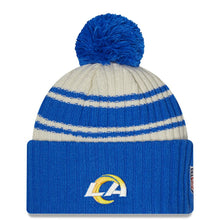 Load image into Gallery viewer, Los Angeles Rams New Era NFL Cuffed Pom Knit Beanie Hat Cream/Royal Blue Crown/Visor Team Color Logo (2022 Sideline)