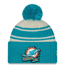 Load image into Gallery viewer, Miami Dolphins New Era NFL Cuffed Pom Knit Beanie Hat Cream/Aqua Crown/Visor Team Color Logo (2022 Sideline)
