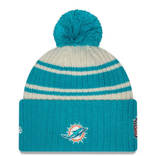 Load image into Gallery viewer, Miami Dolphins New Era NFL Cuffed Pom Knit Beanie Hat Cream/Aqua Crown/Visor Team Color Logo (2022 Sideline)
