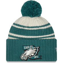 Load image into Gallery viewer, Philadelphia Eagles New Era NFL Cuffed Pom Knit Beanie Hat Cream/Green Crown/Visor Team Color Logo (2022 Sideline)