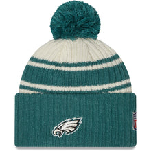 Load image into Gallery viewer, Philadelphia Eagles New Era NFL Cuffed Pom Knit Beanie Hat Cream/Green Crown/Visor Team Color Logo (2022 Sideline)