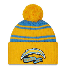 Load image into Gallery viewer, Los Angeles Chargers New Era NFL Cuffed Pom Knit Beanie Hat Sky Blue/Yellow Crown/Visor Team Color Logo (2022 Sideline)