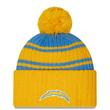 Load image into Gallery viewer, Los Angeles Chargers New Era NFL Cuffed Pom Knit Beanie Hat Sky Blue/Yellow Crown/Visor Team Color Logo (2022 Sideline)