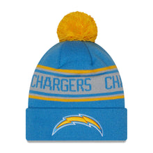Load image into Gallery viewer, Los Angeles Chargers New Era NFL Cuffed Pom Knit Beanie Hat Sky Blue/White/Yellow Crown/Visor Team Color Logo (Repeat)