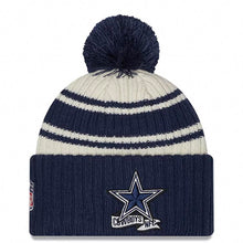 Load image into Gallery viewer, Dallas Cowboys New Era NFL Cuffed Pom Knit Beanie Hat Cream/Navy Blue Crown/Visor Team Color Logo (2022 Sideline)