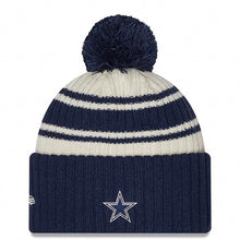 Load image into Gallery viewer, Dallas Cowboys New Era NFL Cuffed Pom Knit Beanie Hat Cream/Navy Blue Crown/Visor Team Color Logo (2022 Sideline)