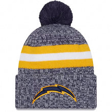 Load image into Gallery viewer, Los Angeles Chargers New Era NFL Cuffed Pom Knit Beanie Hat Navy/Gray/Yellow Crown/Visor Navy Blue/Yellow Logo (2023 Sideline)