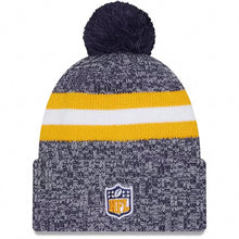 Load image into Gallery viewer, Los Angeles Chargers New Era NFL Cuffed Pom Knit Beanie Hat Navy/Gray/Yellow Crown/Visor Navy Blue/Yellow Logo (2023 Sideline)