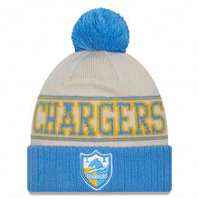 Load image into Gallery viewer, Los Angeles Chargers New Era NFL Cuffed Pom Knit Beanie Hat Cream/Sky Blue Crown/Visor Team Color Shield Logo (2023 Sideline)