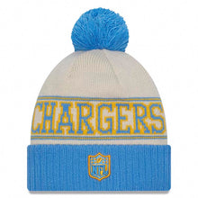 Load image into Gallery viewer, Los Angeles Chargers New Era NFL Cuffed Pom Knit Beanie Hat Cream/Sky Blue Crown/Visor Team Color Shield Logo (2023 Sideline)
