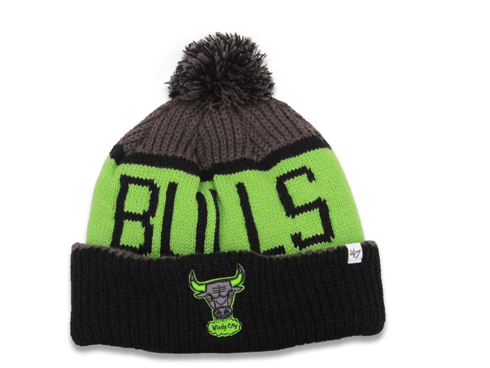 Chicago Bulls 47 Brand NBA PomCalgary Knit Beanie Dark Gray Neon Gree Capland