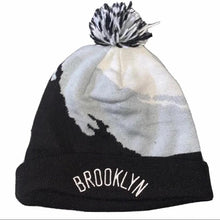 Load image into Gallery viewer, Brooklyn Nets NBA Pom Knit Beanie White/Gray/Black Crown/Visor White Logo (Current Paintbrush)