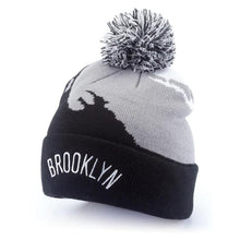 Load image into Gallery viewer, Brooklyn Nets NBA Pom Knit Beanie White/Gray/Black Crown/Visor White Logo (Current Paintbrush)