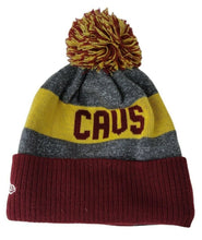 Load image into Gallery viewer, Cleveland Cavaliers New Era NBA Cuffed Pom 2016 Sideline Knit Hat Team Color Gray/Yellow/Cardinal Crown/Cuff cardinal/Yellow Logo