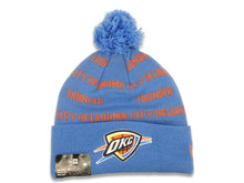 Load image into Gallery viewer, Oklahoma City Thunder New Era NBA Script A3 Cuffed Pom Knit Hat Sky Blue/Red Crown/Visor Team Color Logo